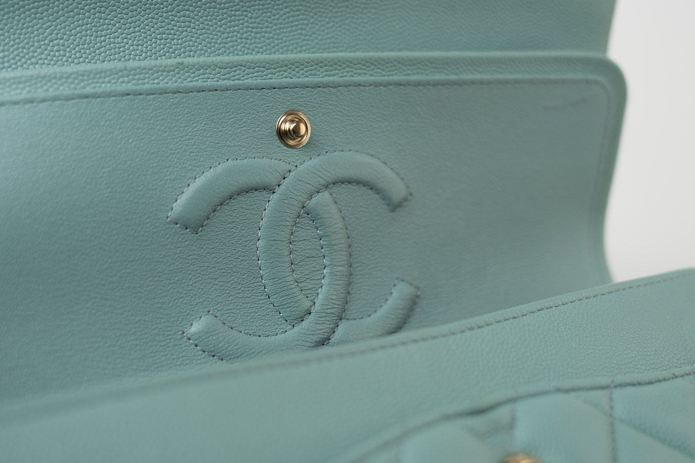 CHANEL Handbag 19c Tiffany Blue Caviar Quilted Classic Flap Light Gold Hardware - Redeluxe