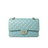 CHANEL Handbag 19c Tiffany Blue Caviar Quilted Classic Flap Light Gold Hardware - Redeluxe