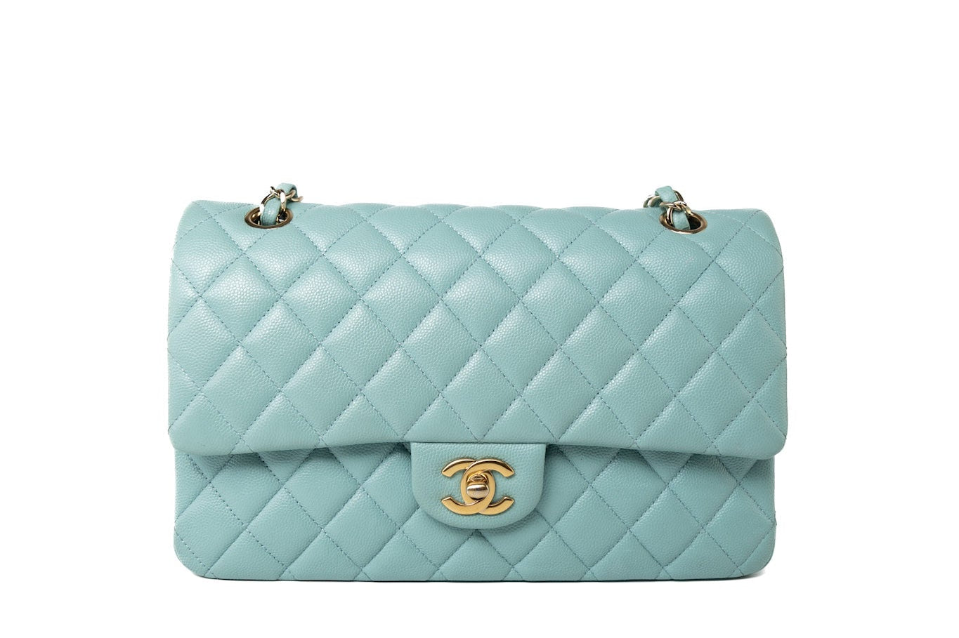 CHANEL Handbag 19c Tiffany Blue Caviar Quilted Classic Flap Light Gold Hardware - Redeluxe