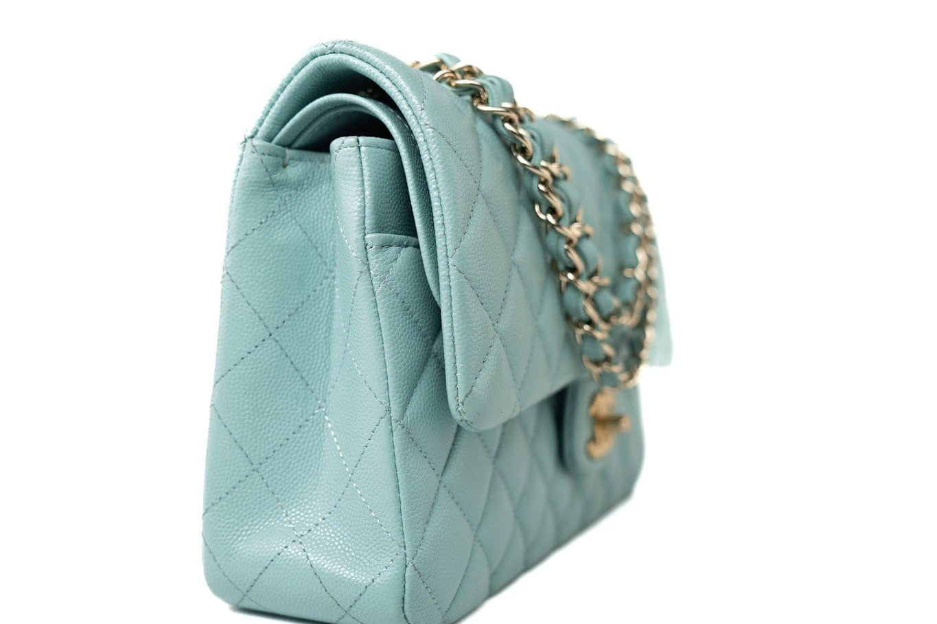 CHANEL Handbag 19c Tiffany Blue Caviar Quilted Classic Flap Light Gold Hardware - Redeluxe