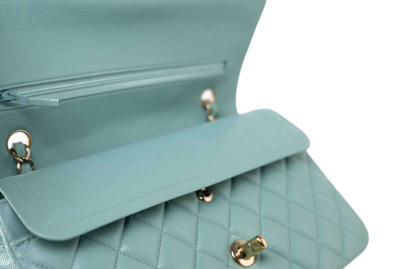 CHANEL Handbag 19c Tiffany Blue Caviar Quilted Classic Flap Light Gold Hardware - Redeluxe