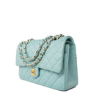 CHANEL Handbag 19c Tiffany Blue Caviar Quilted Classic Flap Light Gold Hardware - Redeluxe