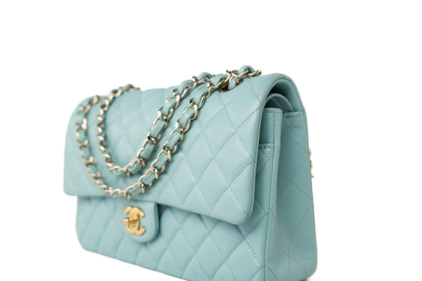 CHANEL Handbag 19c Tiffany Blue Caviar Quilted Classic Flap Light Gold Hardware - Redeluxe