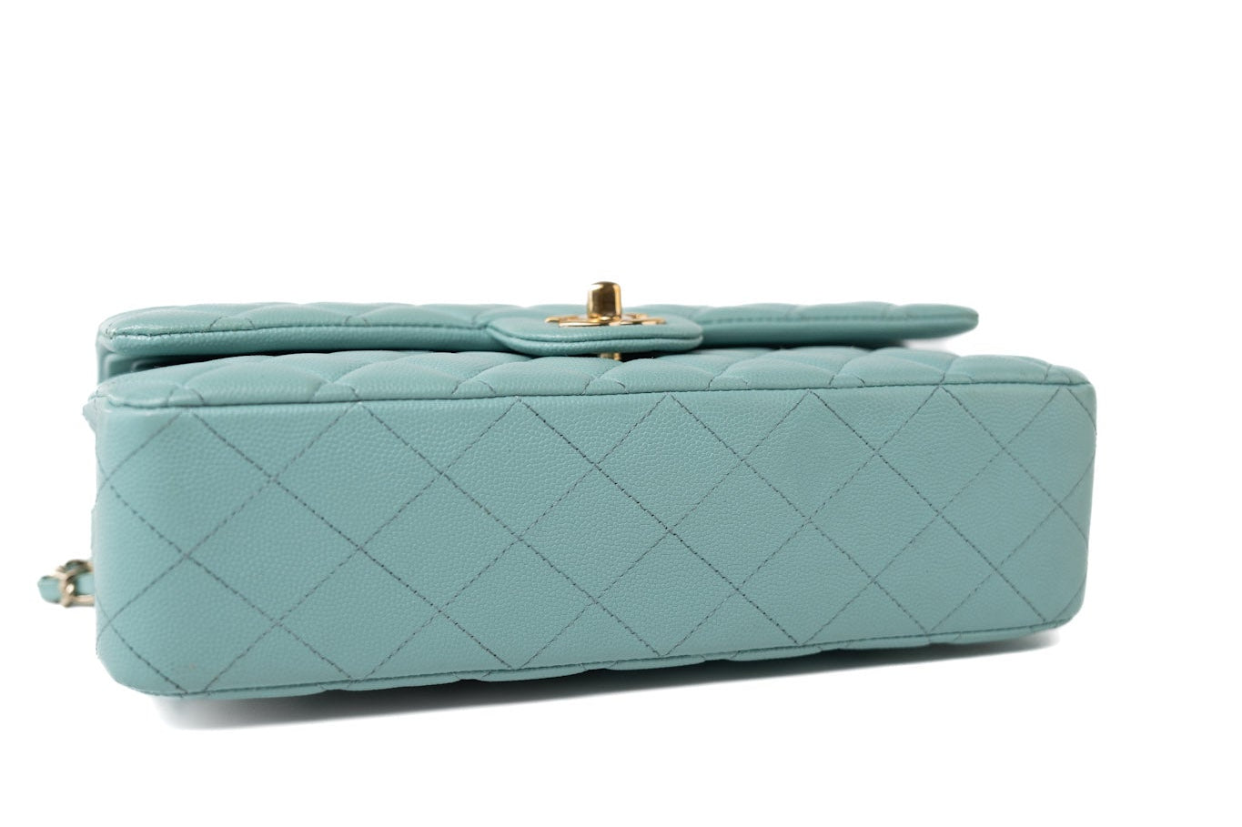 CHANEL Handbag 19c Tiffany Blue Caviar Quilted Classic Flap Light Gold Hardware - Redeluxe