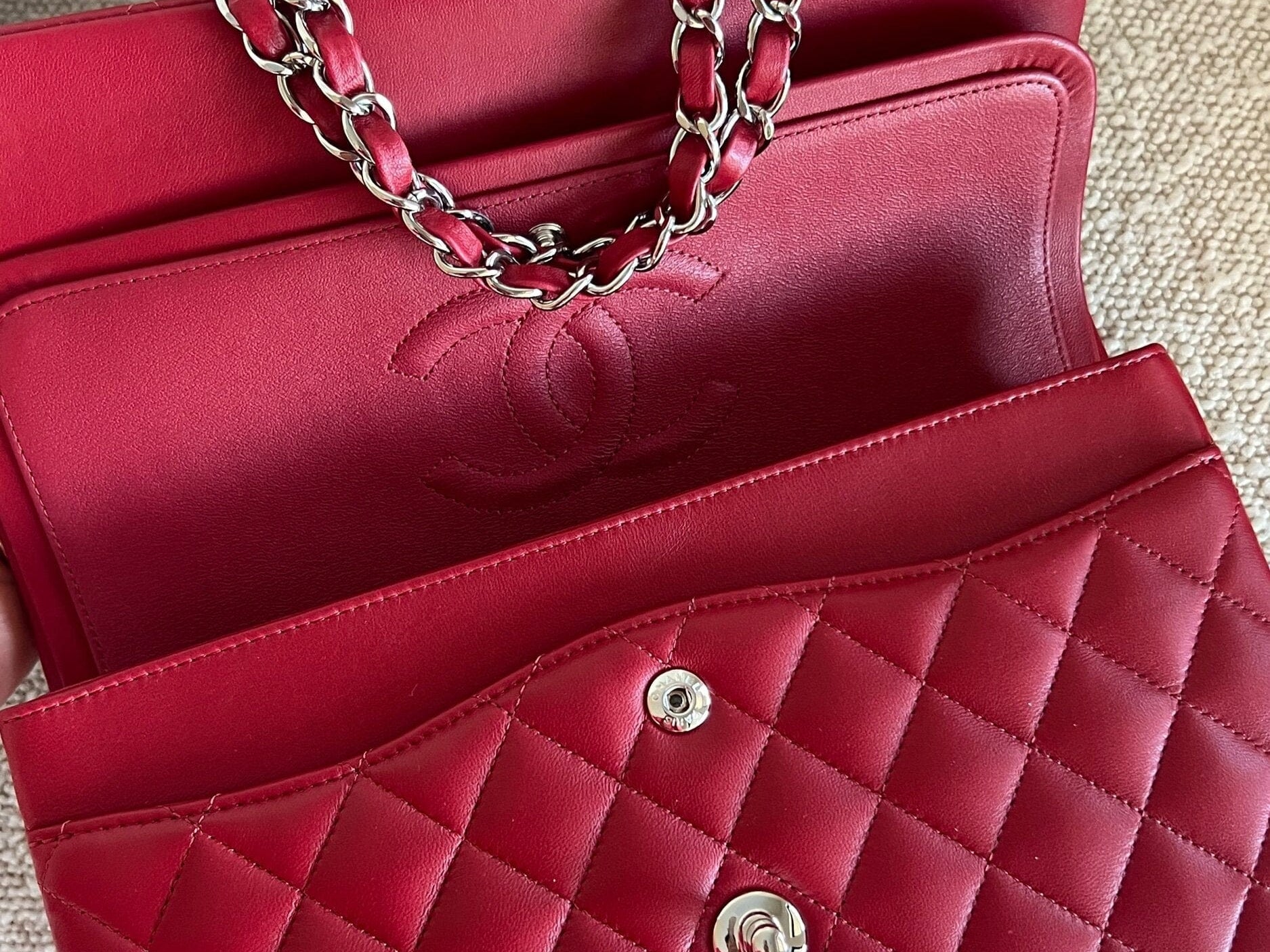 CHANEL Handbag 20B Red Lambskin Quilted Classic Flap Medium SHW - Redeluxe