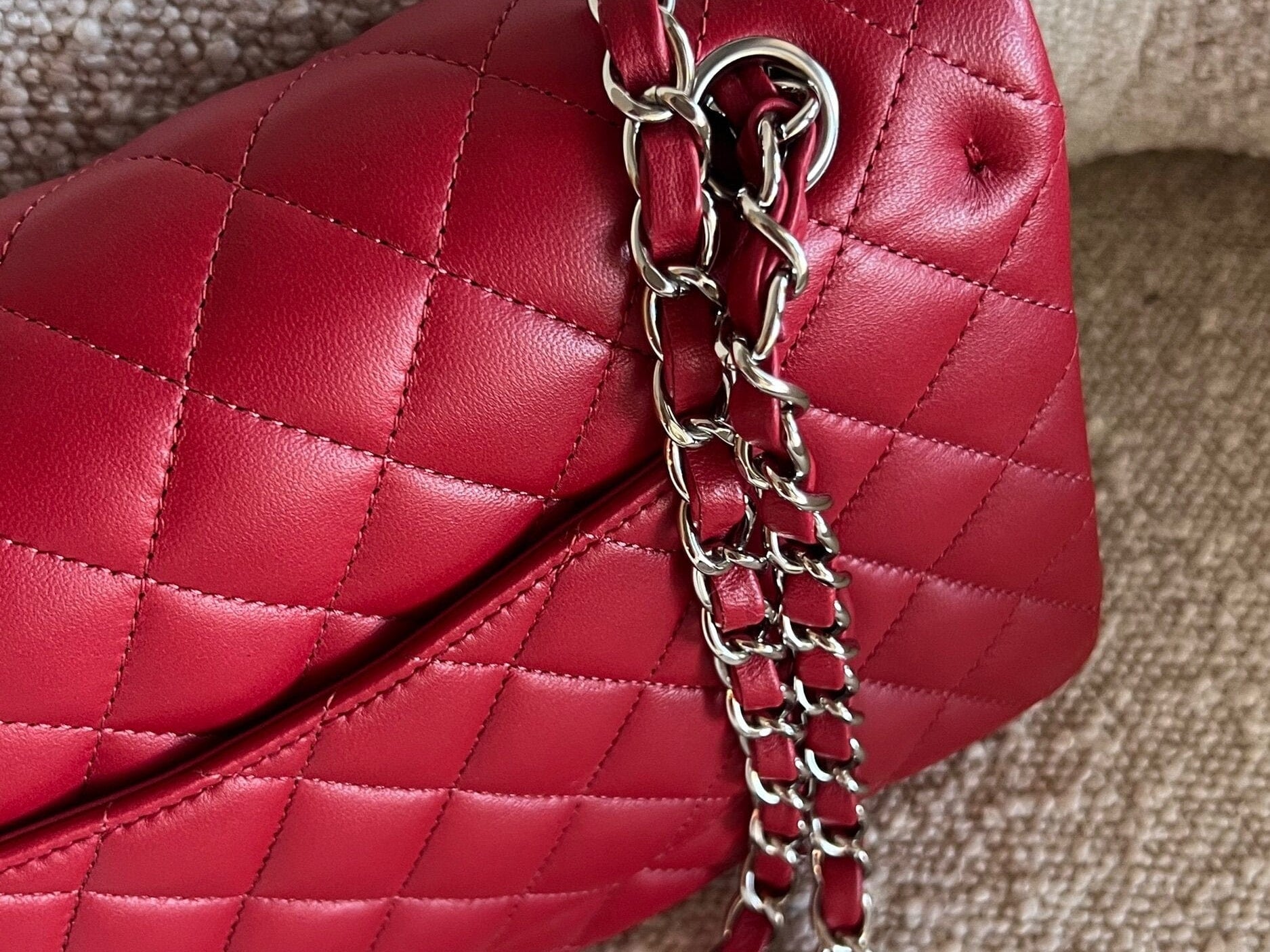 CHANEL Handbag 20B Red Lambskin Quilted Classic Flap Medium SHW - Redeluxe