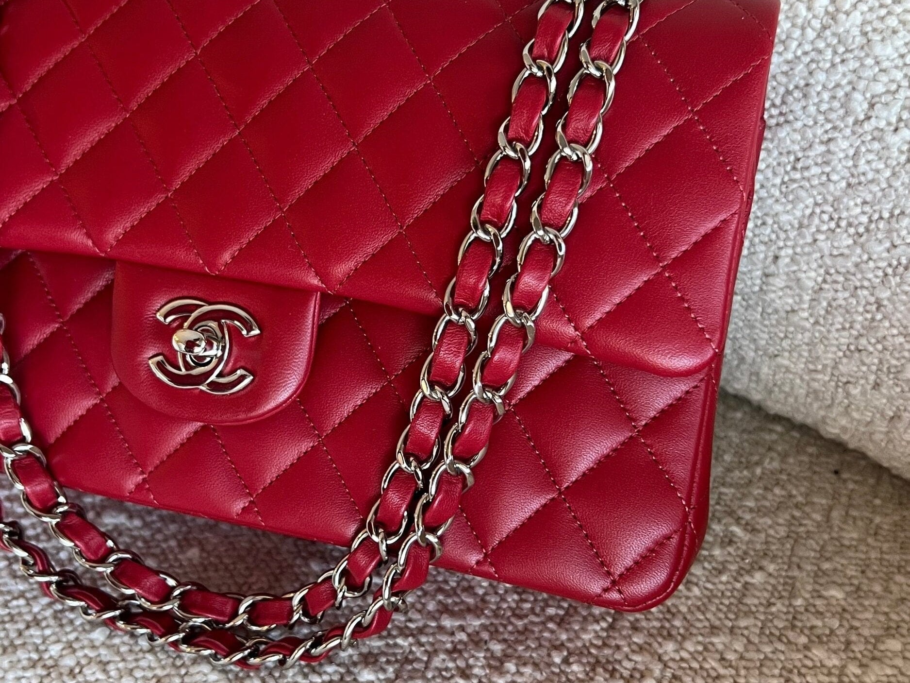 CHANEL Handbag 20B Red Lambskin Quilted Classic Flap Medium SHW - Redeluxe