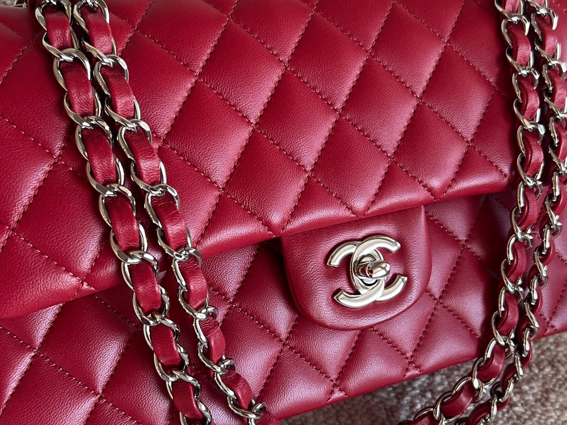 CHANEL Handbag 20B Red Lambskin Quilted Classic Flap Medium SHW - Redeluxe