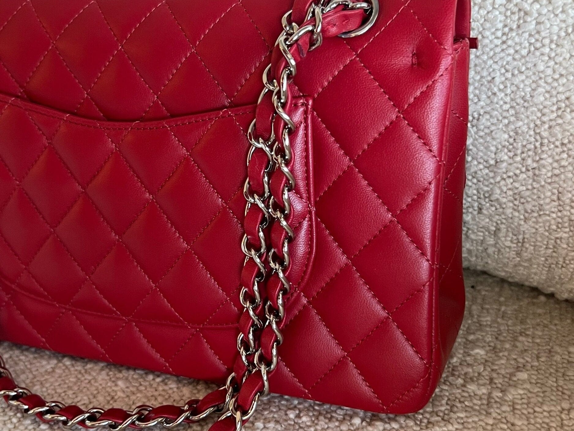 CHANEL Handbag 20B Red Lambskin Quilted Classic Flap Medium SHW - Redeluxe