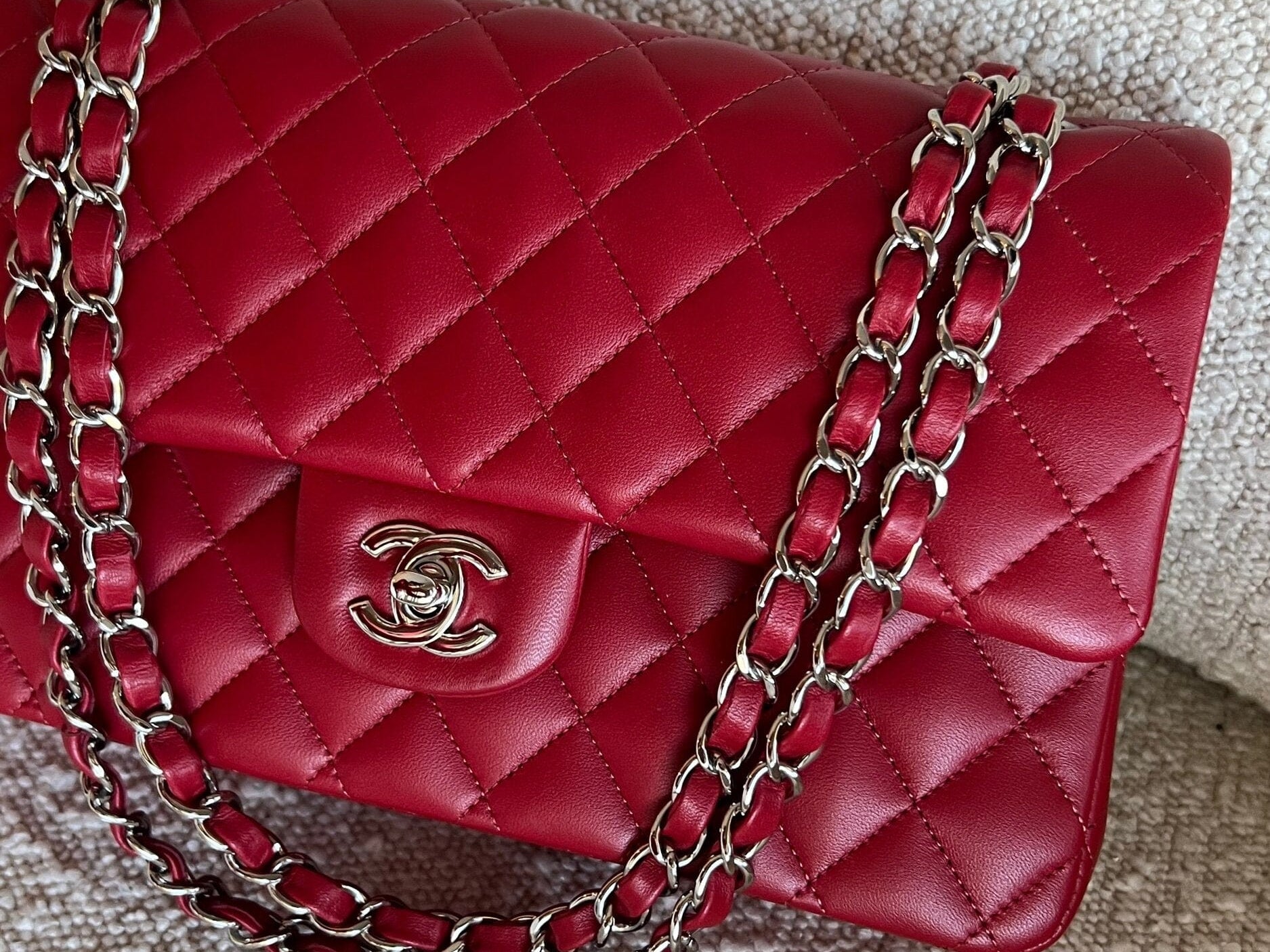 CHANEL Handbag 20B Red Lambskin Quilted Classic Flap Medium SHW - Redeluxe