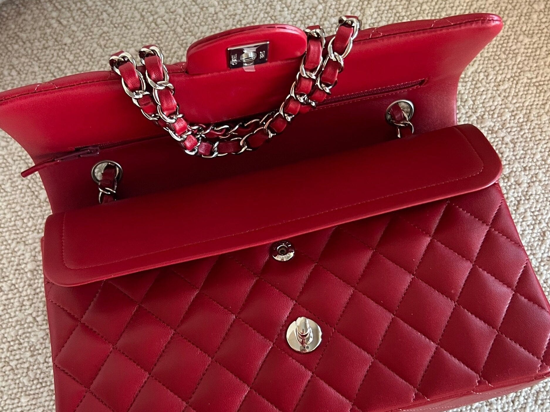 CHANEL Handbag 20B Red Lambskin Quilted Classic Flap Medium SHW - Redeluxe