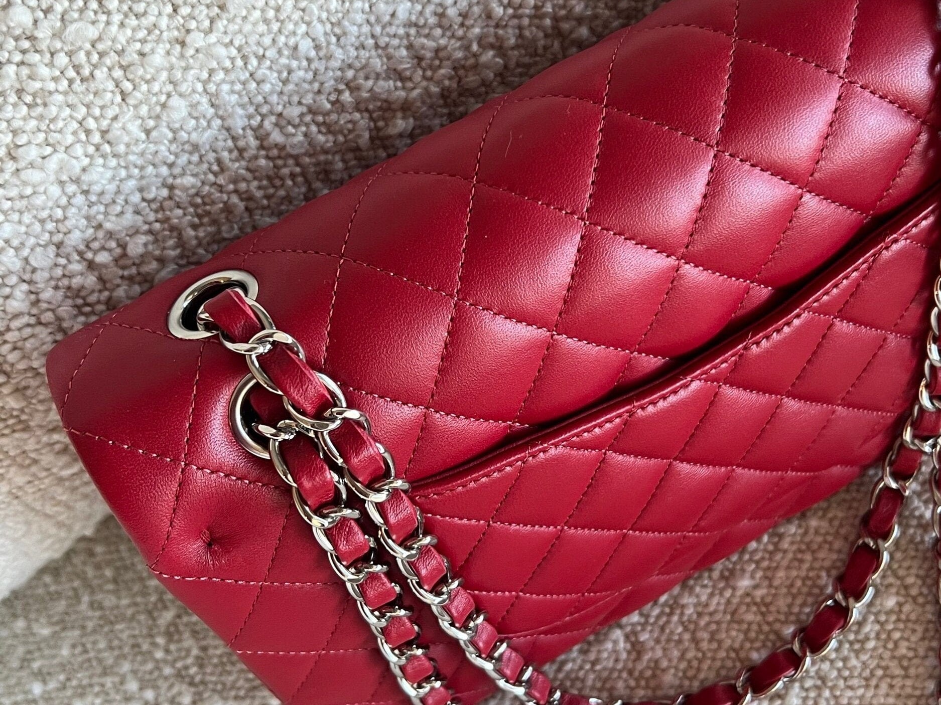 CHANEL Handbag 20B Red Lambskin Quilted Classic Flap Medium SHW - Redeluxe