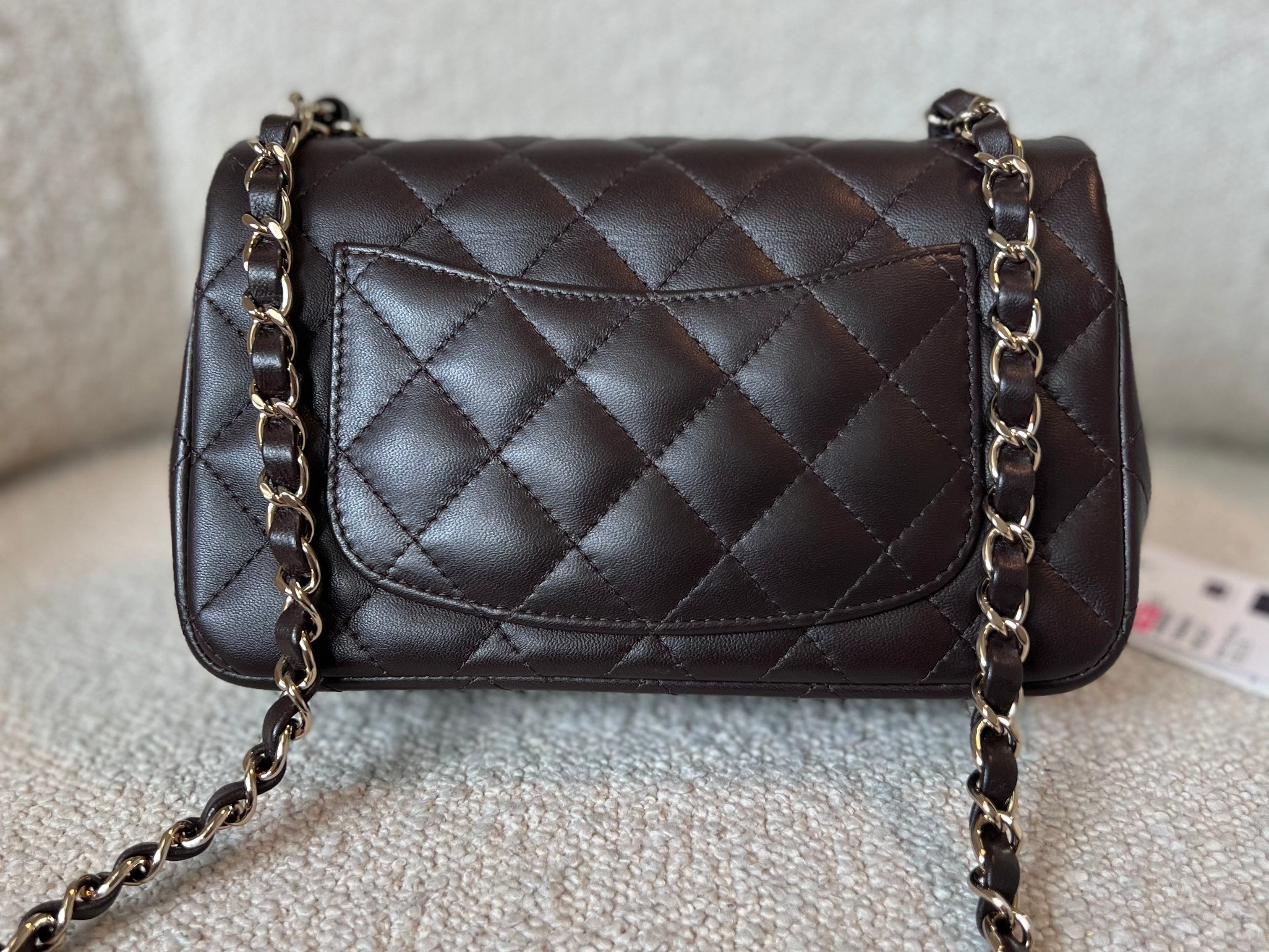 CHANEL Handbag 21A Dark Brown Lambskin Quilted Mini Rectangular Single Flap Light Gold Hardware - Redeluxe