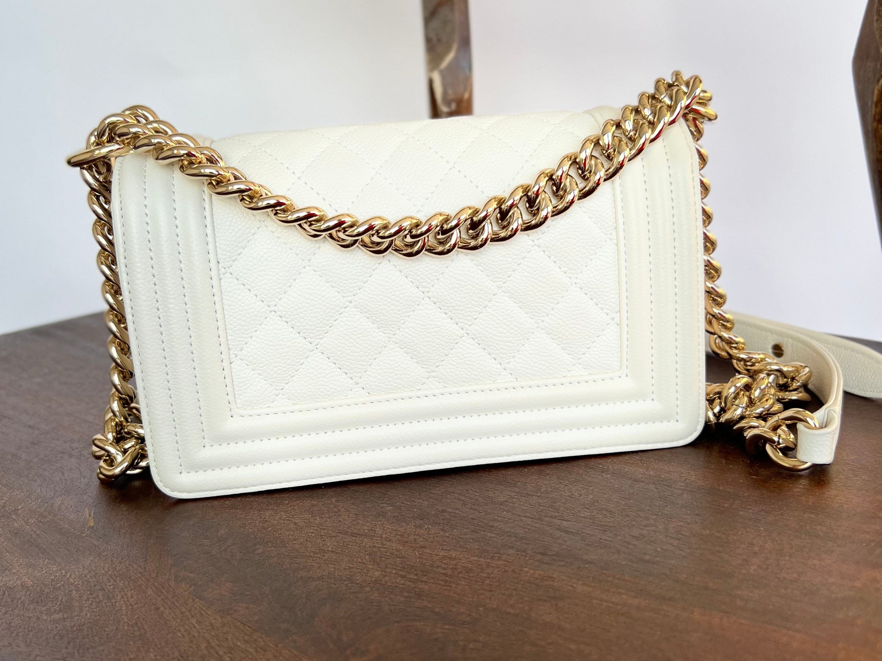 CHANEL Handbag 21A White Caviar Quilted Small Boy Bag LGHW - Redeluxe