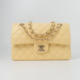 CHANEL Handbag 21C Yellow Lambskin Quilted Classic Flap Small Light Gold Hardware - Redeluxe