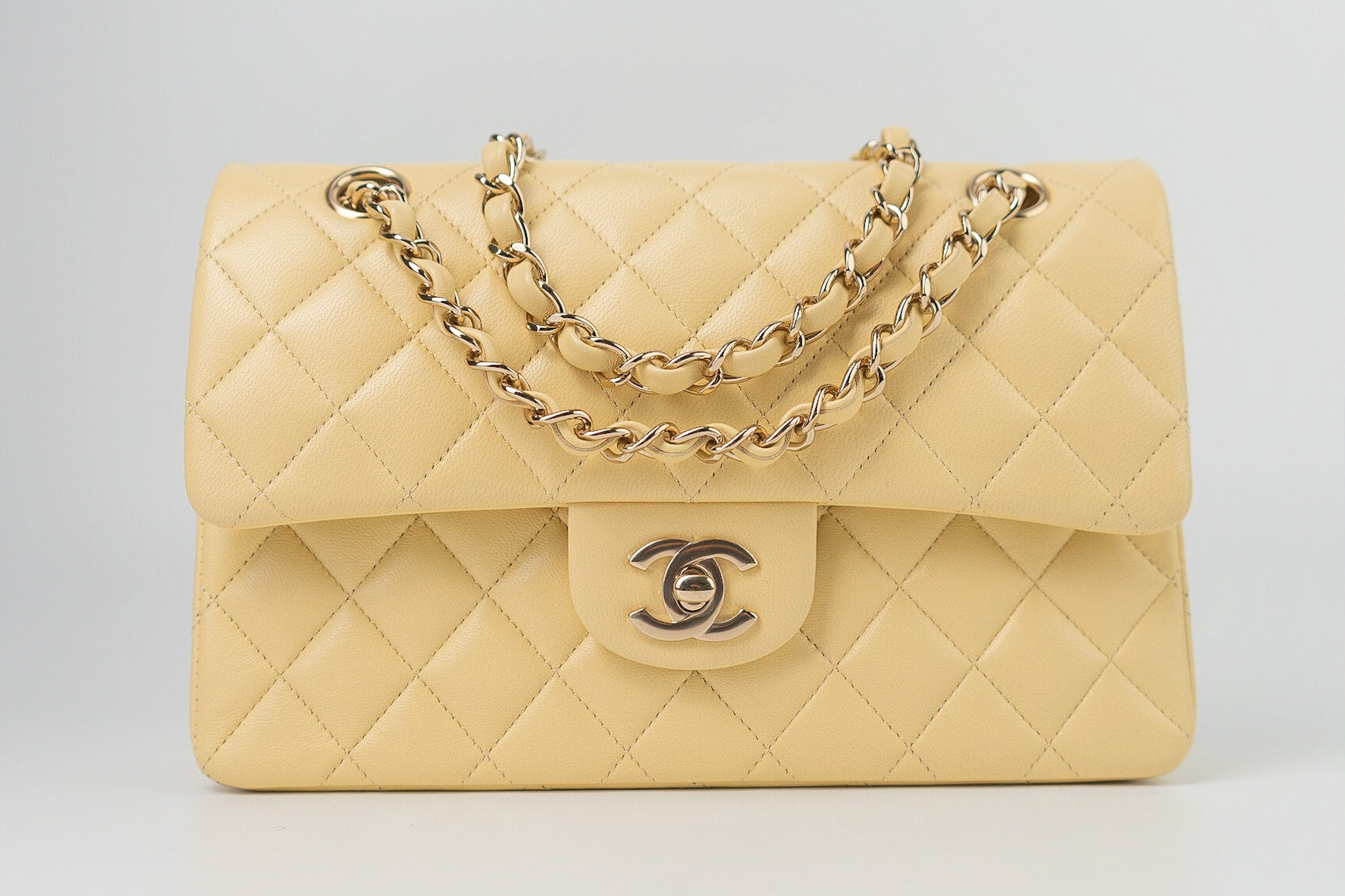 CHANEL Handbag 21C Yellow Lambskin Quilted Classic Flap Small Light Gold Hardware - Redeluxe