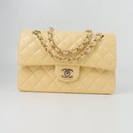 CHANEL Handbag 21C Yellow Lambskin Quilted Classic Flap Small Light Gold Hardware - Redeluxe