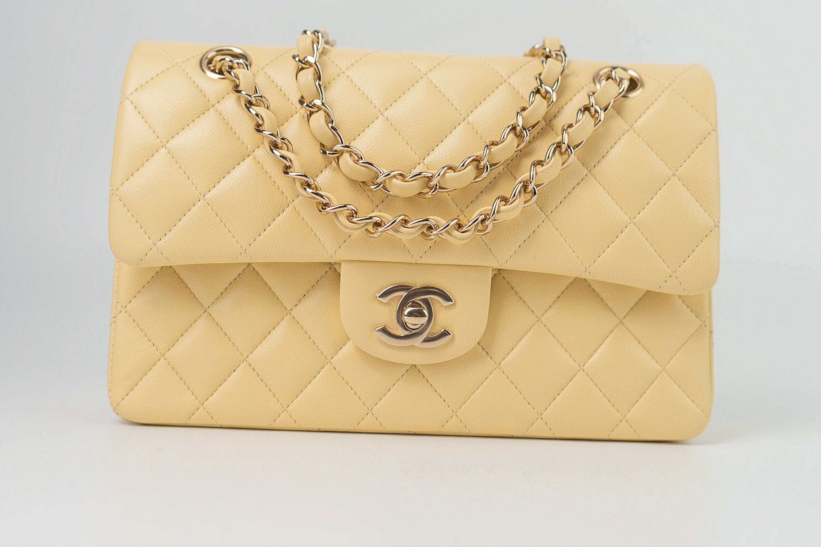 CHANEL Handbag 21C Yellow Lambskin Quilted Classic Flap Small Light Gold Hardware - Redeluxe