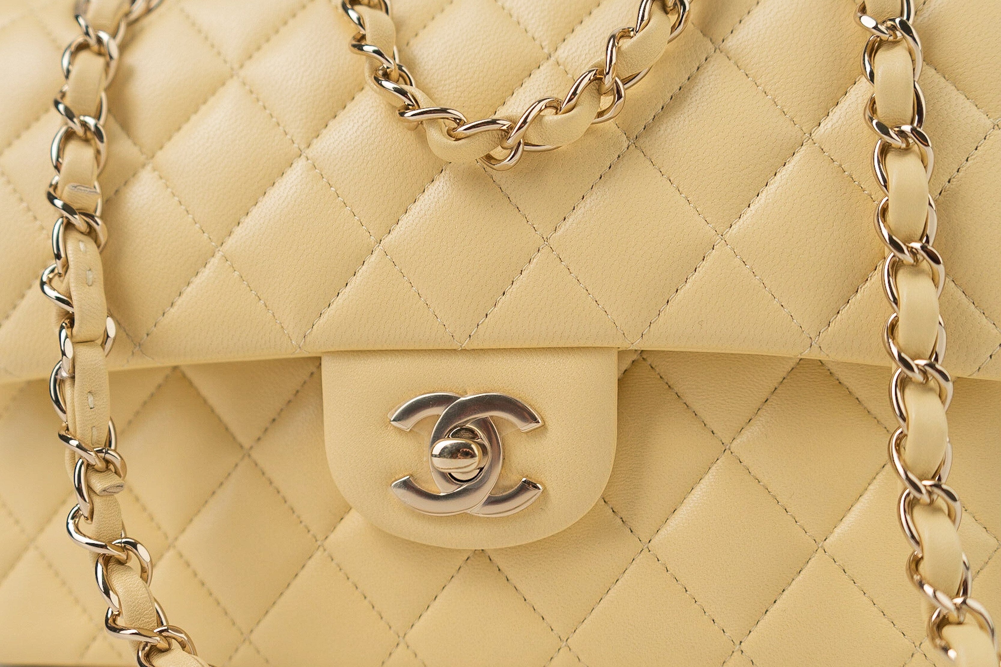 CHANEL Handbag 21C Yellow Lambskin Quilted Classic Flap Small Light Gold Hardware - Redeluxe