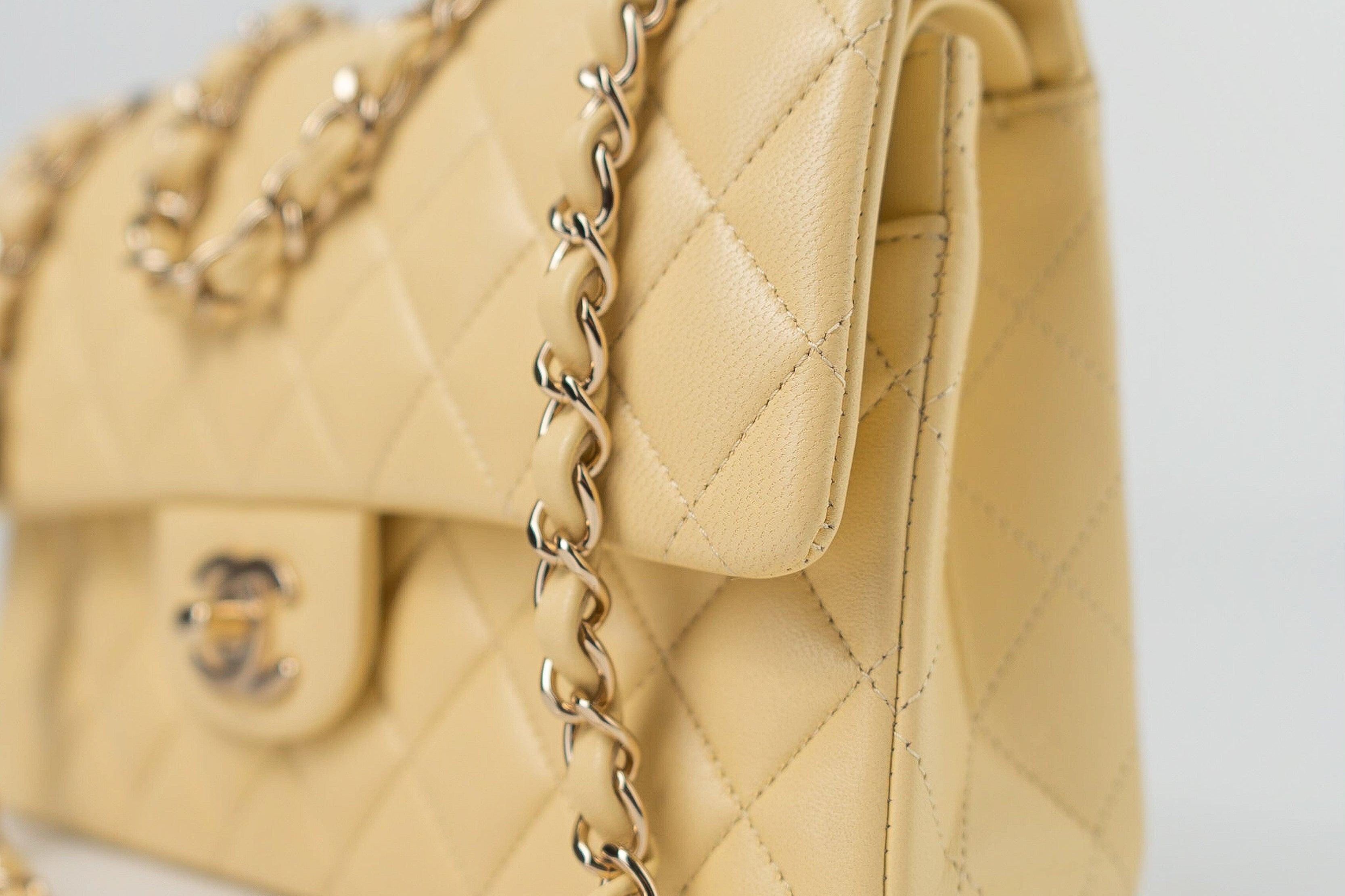 CHANEL Handbag 21C Yellow Lambskin Quilted Classic Flap Small Light Gold Hardware - Redeluxe