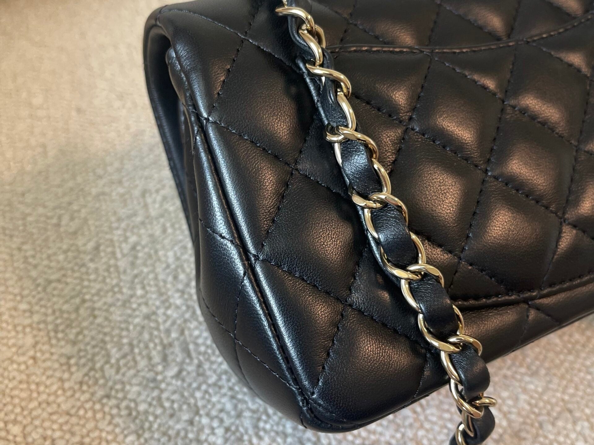 CHANEL Handbag 21K Black Lambskin Quilted Mini Rectangular Single Flap Light Gold Hardware - Redeluxe