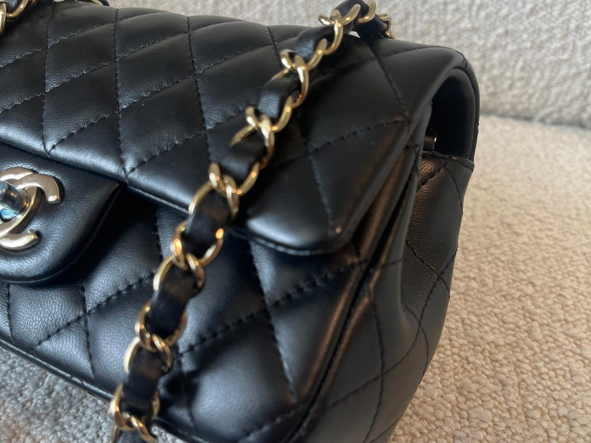 CHANEL Handbag 21K Black Lambskin Quilted Mini Rectangular Single Flap Light Gold Hardware - Redeluxe