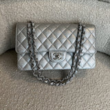 CHANEL Handbag 21K Silver Metallic Caviar Quilted Medium Classic Flap SHW - Redeluxe