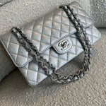 CHANEL Handbag 21K Silver Metallic Caviar Quilted Medium Classic Flap SHW - Redeluxe