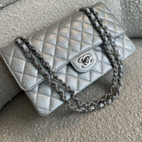 CHANEL Handbag 21K Silver Metallic Caviar Quilted Medium Classic Flap SHW - Redeluxe