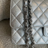 CHANEL Handbag 21K Silver Metallic Caviar Quilted Medium Classic Flap SHW - Redeluxe