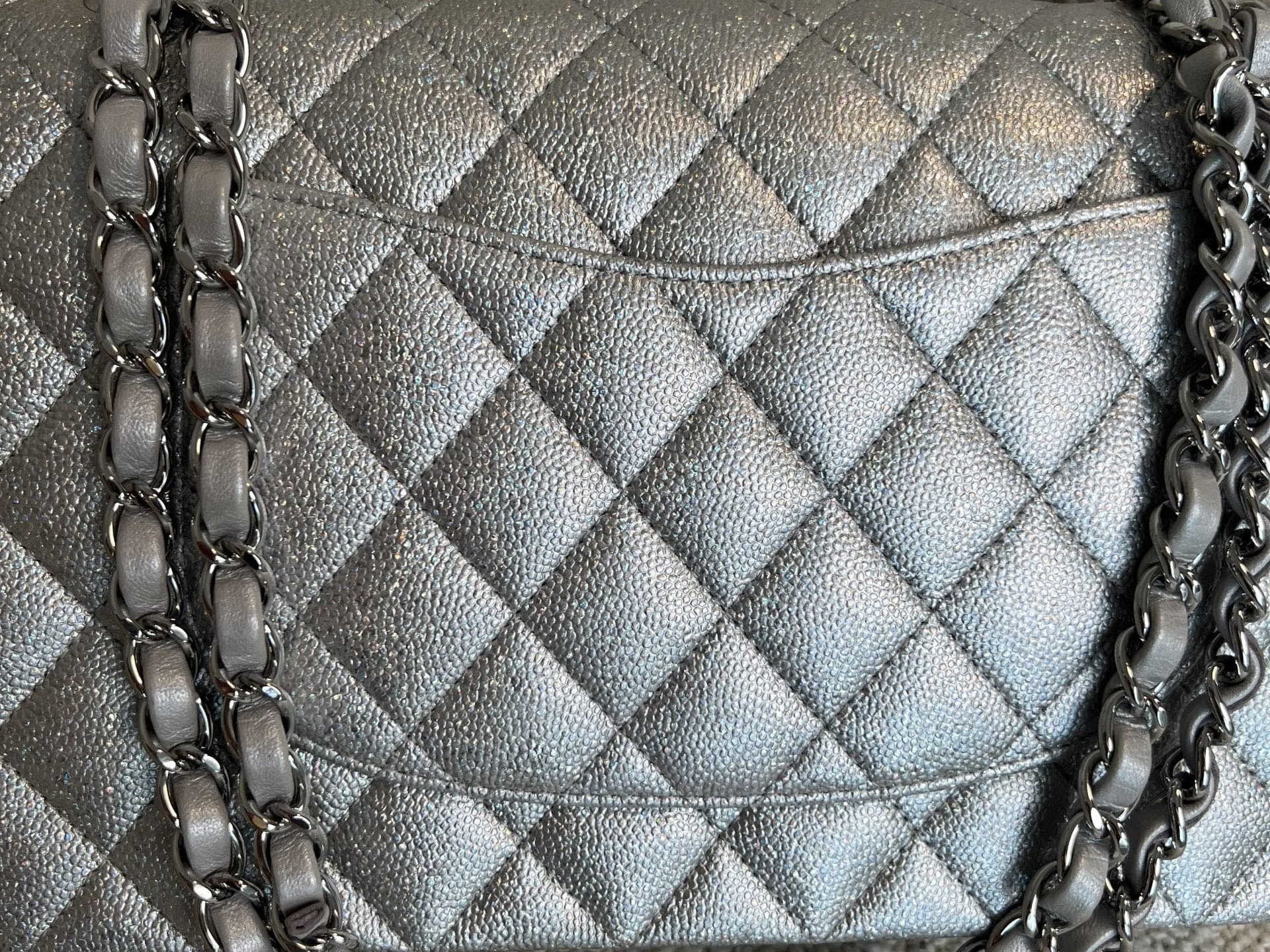 CHANEL Handbag 21K Silver Metallic Caviar Quilted Medium Classic Flap SHW - Redeluxe