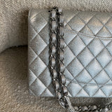 CHANEL Handbag 21K Silver Metallic Caviar Quilted Medium Classic Flap SHW - Redeluxe