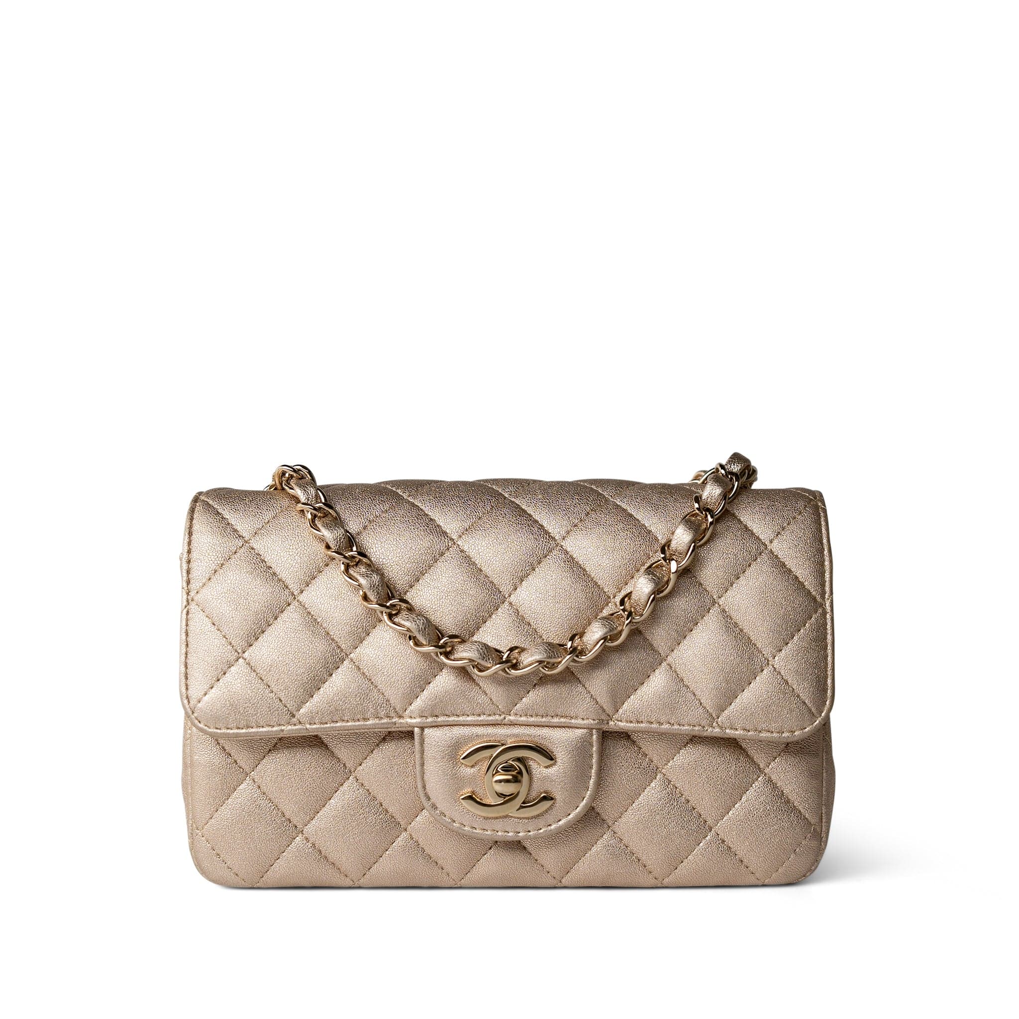 CHANEL Handbag 21P Gold Grained Lambskin Mini Rectangular Flap Light Gold Hardware - Redeluxe