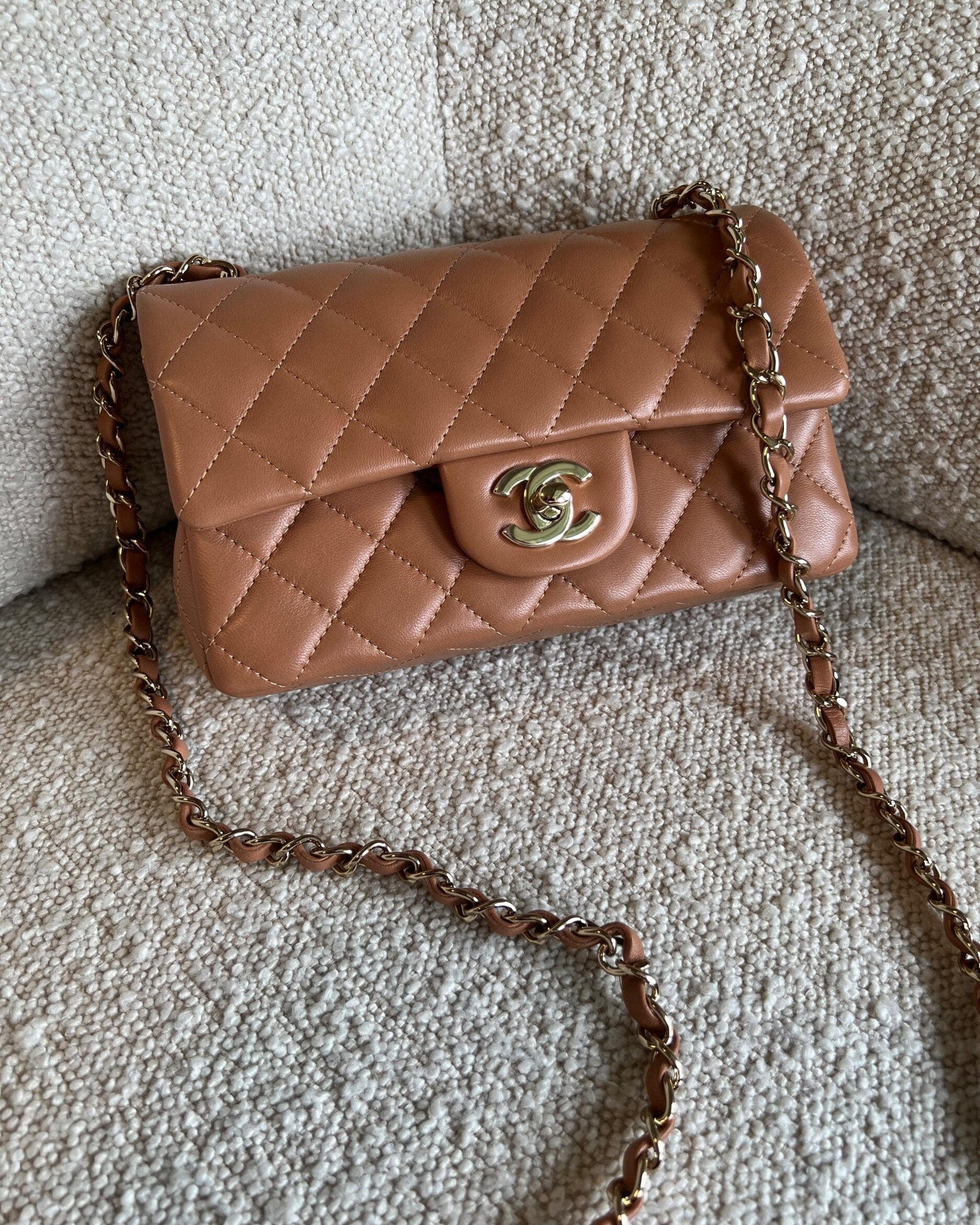 CHANEL Handbag 21P Mini Rectangular Caramel Lambskin Quilted Flap LGHW - Redeluxe