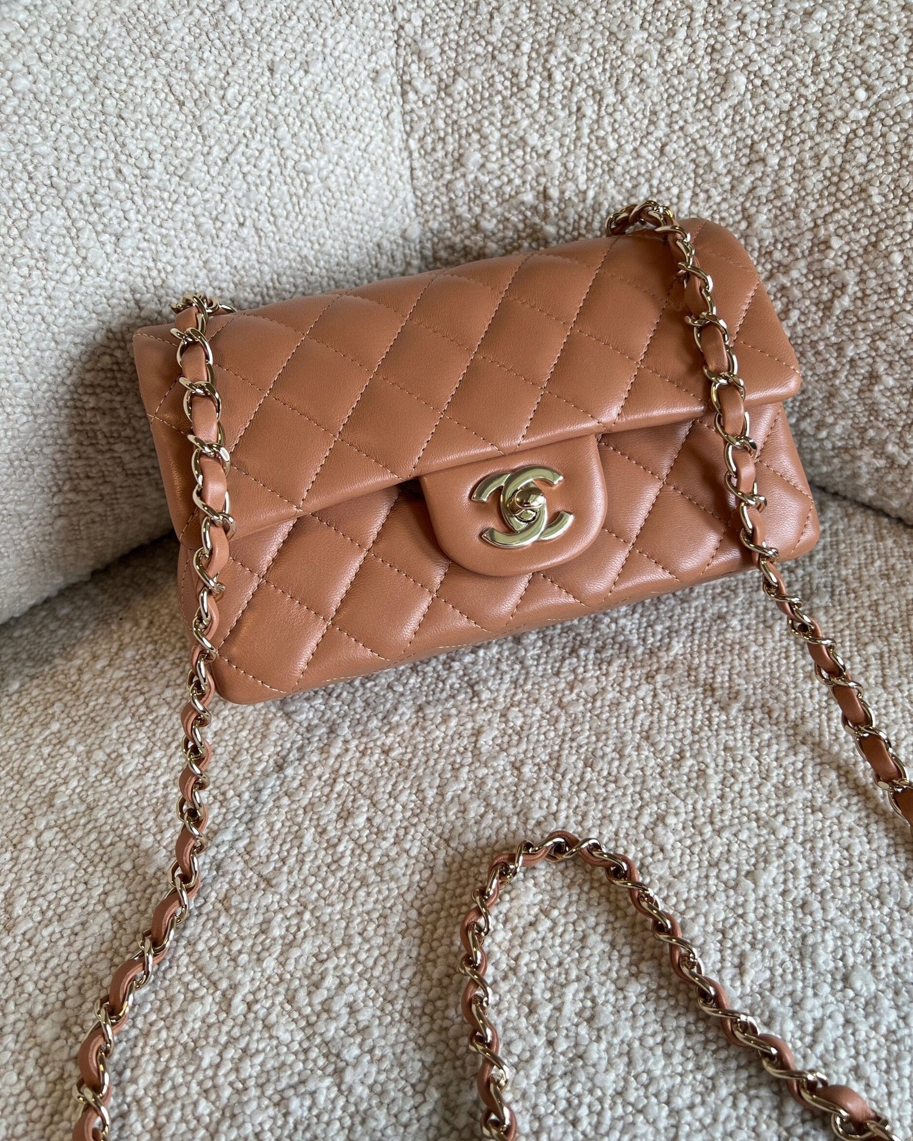 CHANEL Handbag 21P Mini Rectangular Caramel Lambskin Quilted Flap LGHW - Redeluxe