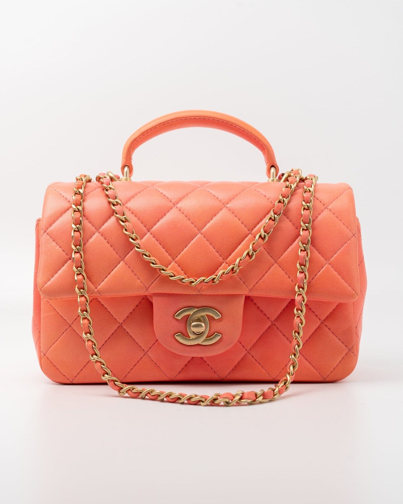 CHANEL Handbag 21P Mini Top Handle Orange Ombre Lambskin Quilted Aged Gold Hardware - Redeluxe