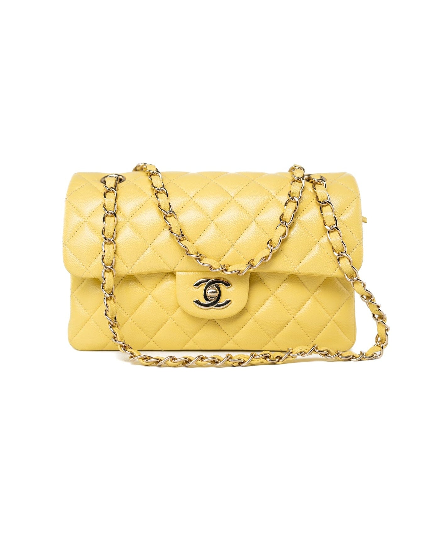 CHANEL Handbag 21P Yellow Caviar Quilted Classic Flap Small Light Gold Hardware - Redeluxe