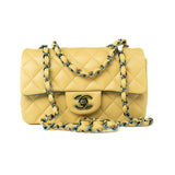 CHANEL Handbag 21P Yellow Lambskin Quilted Mini Rectangular Single Flap Blue Interior / Rainbow Hardware - Redeluxe