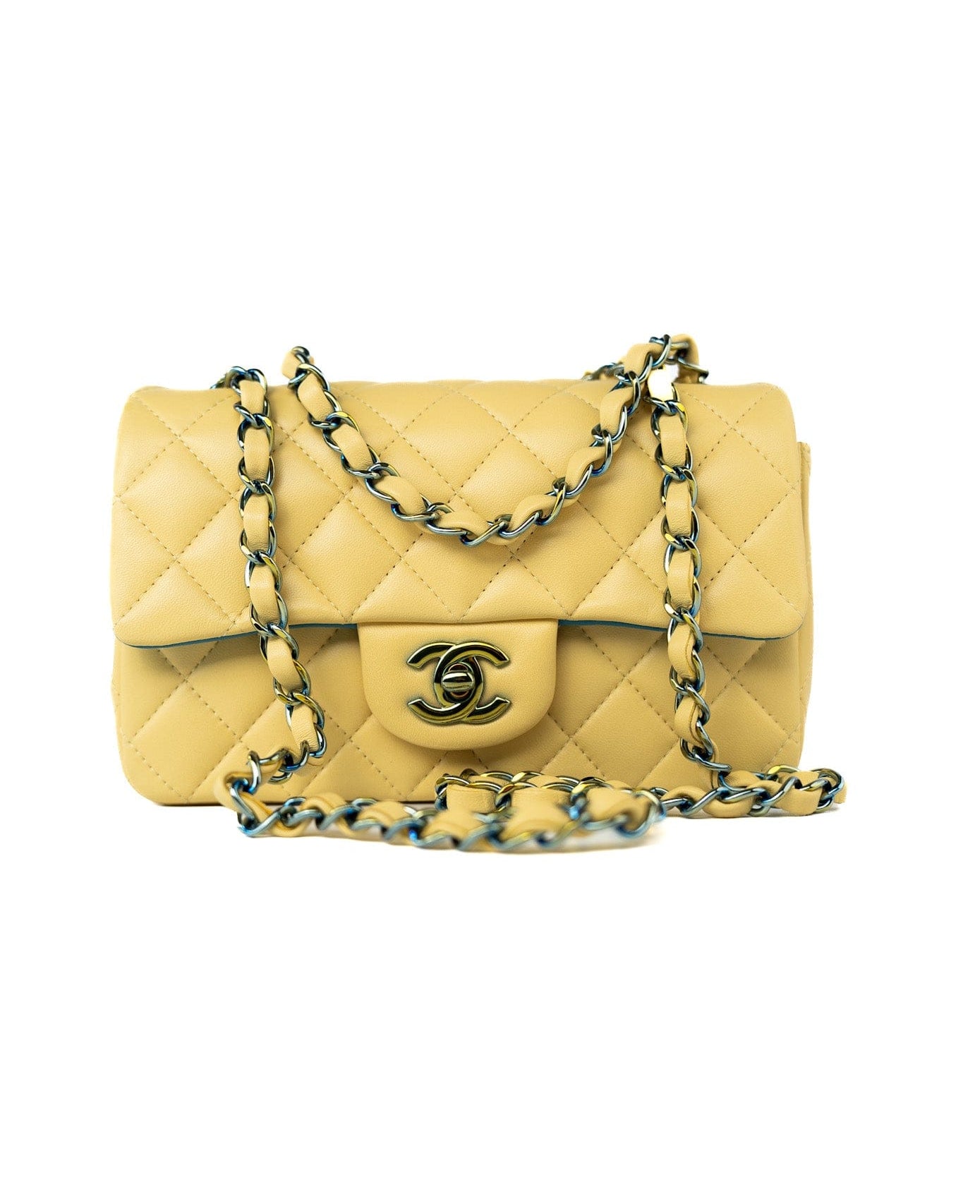 CHANEL Handbag 21P Yellow Lambskin Quilted Mini Rectangular Single Flap Blue Interior / Rainbow Hardware - Redeluxe