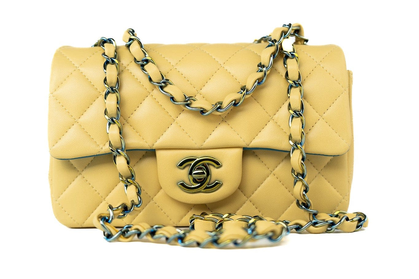 CHANEL Handbag 21P Yellow Lambskin Quilted Mini Rectangular Single Flap Blue Interior / Rainbow Hardware - Redeluxe