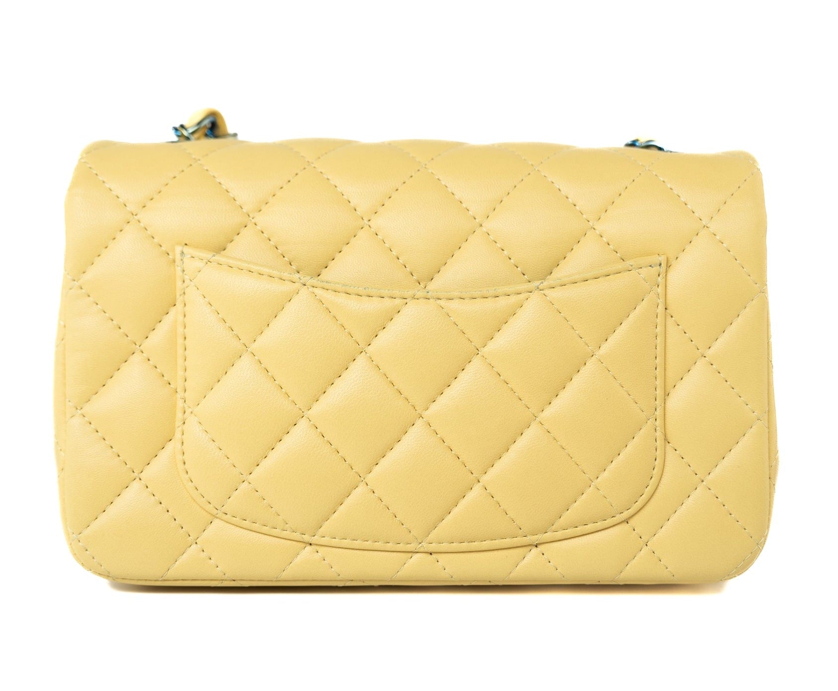 CHANEL Handbag 21P Yellow Lambskin Quilted Mini Rectangular Single Flap Blue Interior / Rainbow Hardware - Redeluxe