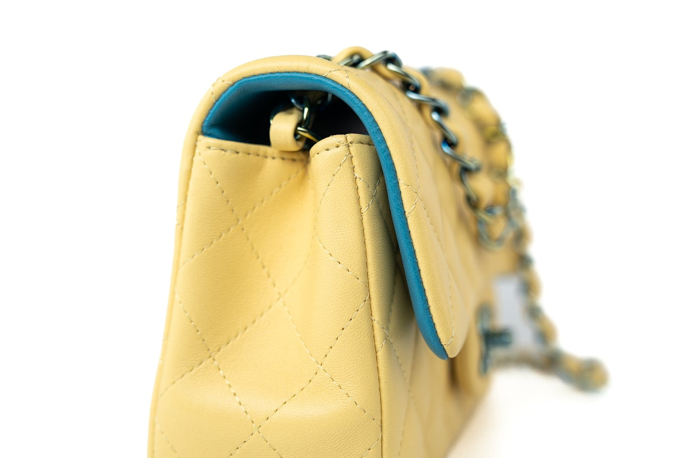 CHANEL Handbag 21P Yellow Lambskin Quilted Mini Rectangular Single Flap Blue Interior / Rainbow Hardware - Redeluxe