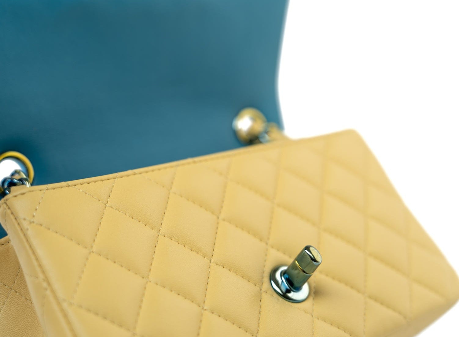 CHANEL Handbag 21P Yellow Lambskin Quilted Mini Rectangular Single Flap Blue Interior / Rainbow Hardware - Redeluxe