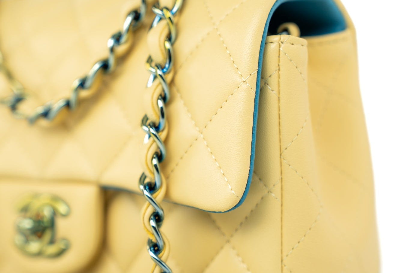 CHANEL Handbag 21P Yellow Lambskin Quilted Mini Rectangular Single Flap Blue Interior / Rainbow Hardware - Redeluxe