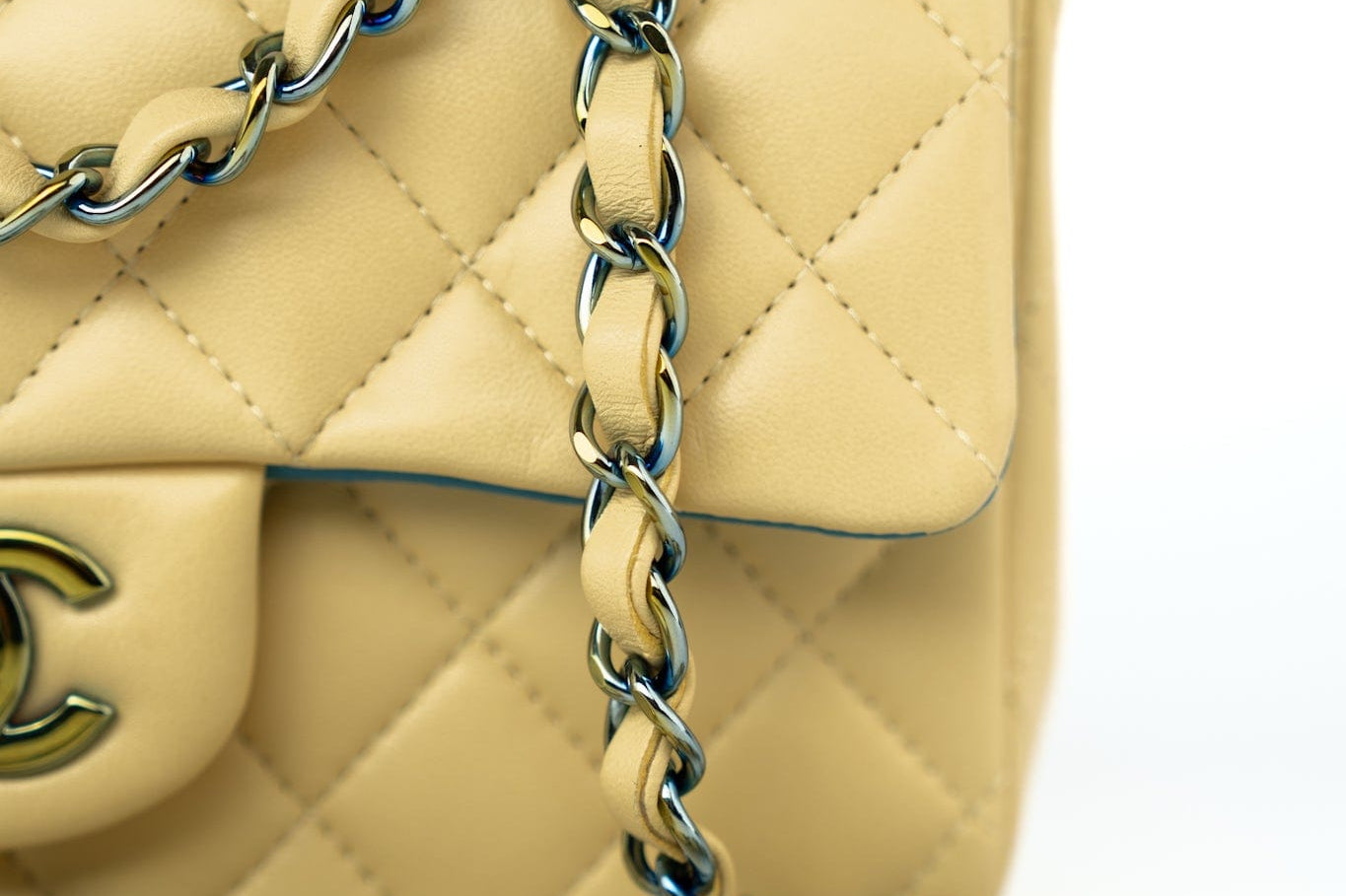 CHANEL Handbag 21P Yellow Lambskin Quilted Mini Rectangular Single Flap Blue Interior / Rainbow Hardware - Redeluxe