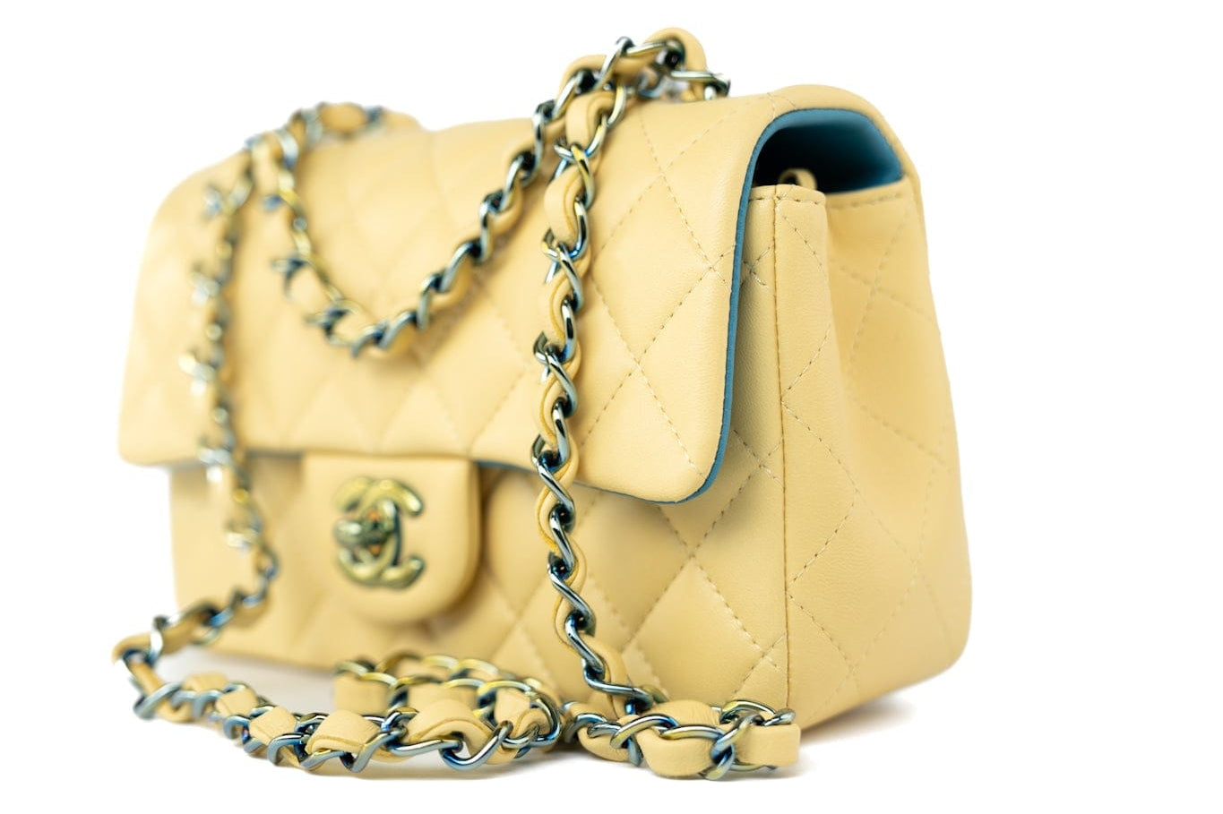 CHANEL Handbag 21P Yellow Lambskin Quilted Mini Rectangular Single Flap Blue Interior / Rainbow Hardware - Redeluxe