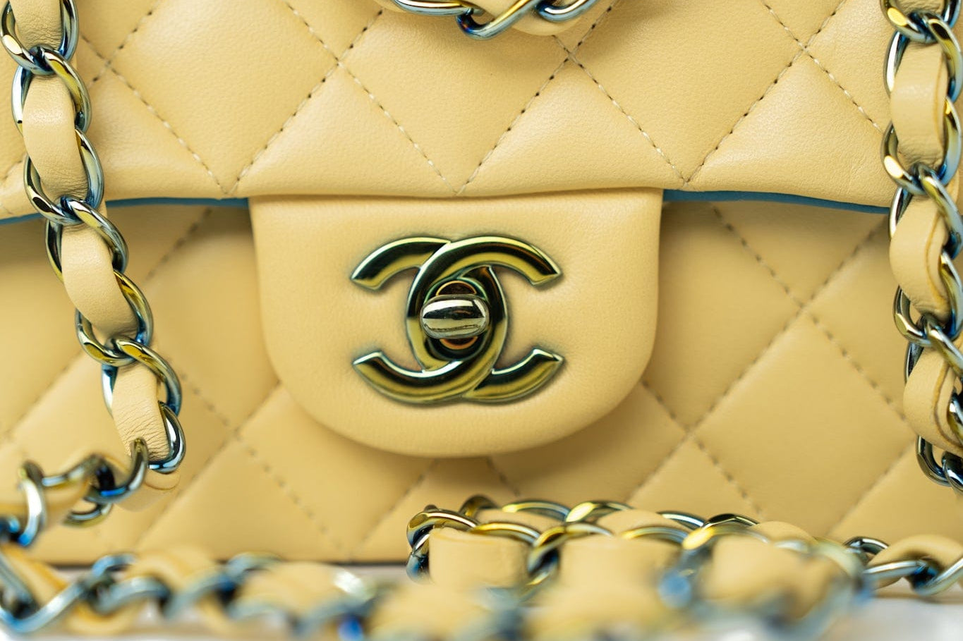 CHANEL Handbag 21P Yellow Lambskin Quilted Mini Rectangular Single Flap Blue Interior / Rainbow Hardware - Redeluxe