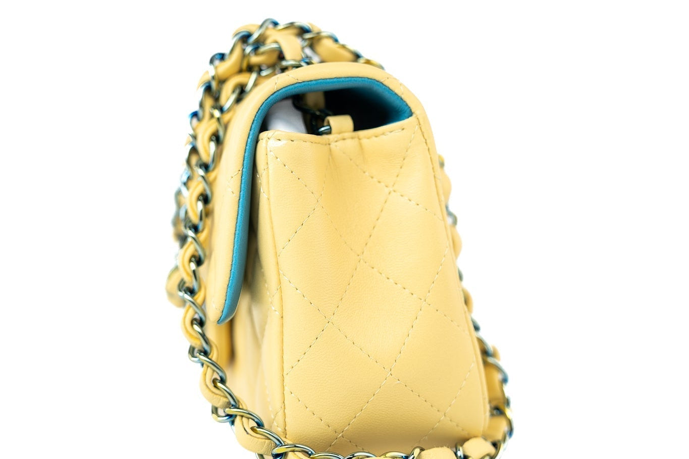 CHANEL Handbag 21P Yellow Lambskin Quilted Mini Rectangular Single Flap Blue Interior / Rainbow Hardware - Redeluxe