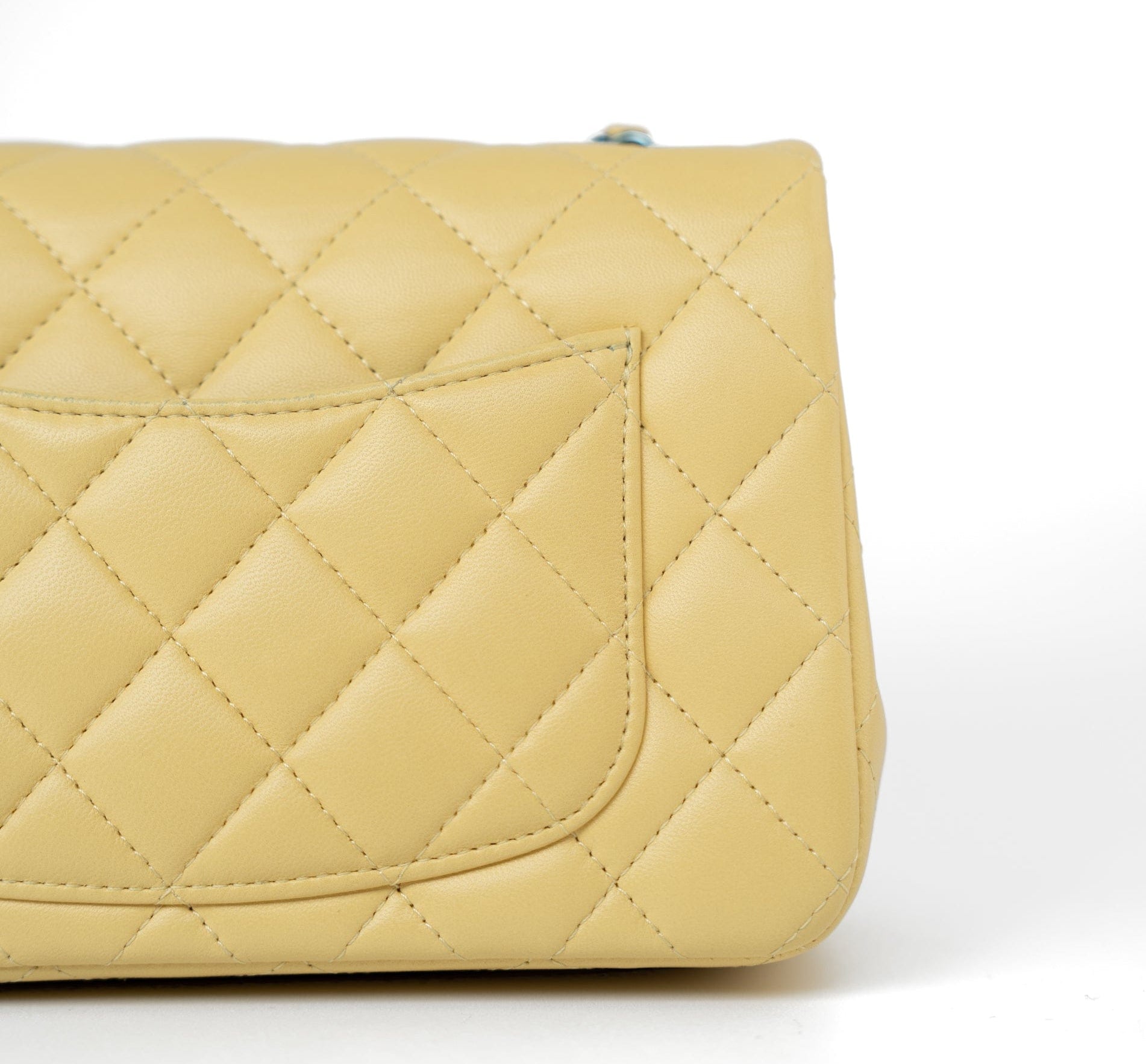 CHANEL Handbag 21P Yellow Lambskin Quilted Mini Rectangular Single Flap Blue Interior / Rainbow Hardware - Redeluxe