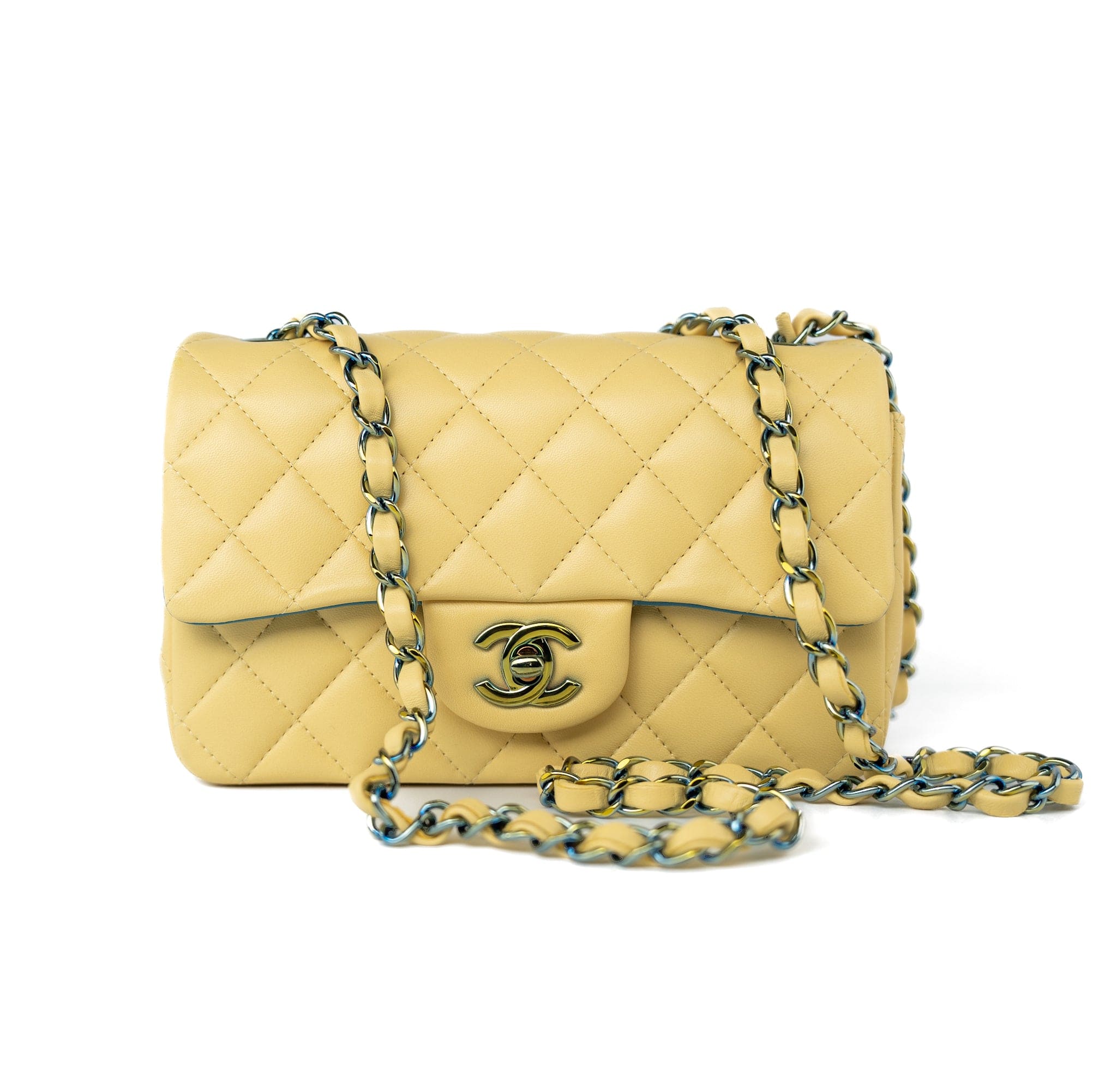 CHANEL Handbag 21P Yellow Lambskin Quilted Mini Rectangular Single Flap Blue Interior / Rainbow Hardware - Redeluxe